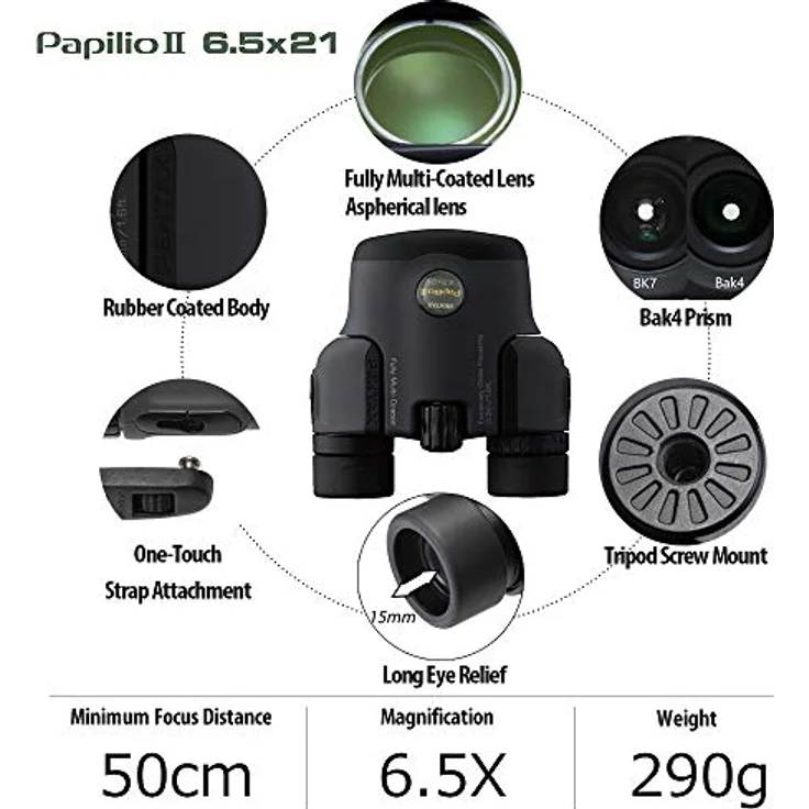 PENTAX Papilio II 6,5x21 Kompaktes Fernglas zur Vogelbeobachtung, für Reisen, Sport und Theater 50-cm-Nahsicht für Museen Hell und klar durch komplette Mehrschichtvergütung, BAK4-Prisma – Bild 2