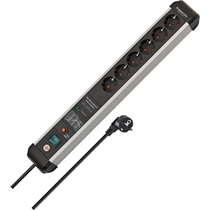 Brennenstuhl Premium-Protect-Line Steckdosenleiste 6-Fach mit Überspannungsschutz 60.000 A (Mehrfachsteckdose mit Schalter und 5m Kabel, Made in Germany) Silber/schwarz