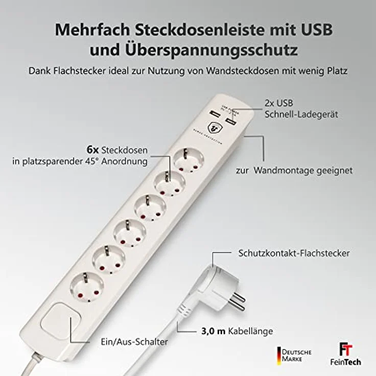 FeinTech Steckdosenleiste mit USB und Flachstecker, 6-Fach Mehrfachsteckdose mit Schalter, Überspannungsschutz und 3m Kabel, MD000633 – Bild 2