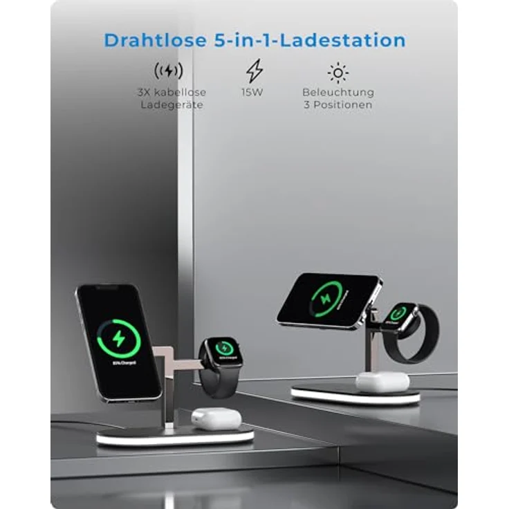 Voomy Wireless C5 Wireless Charger, 15W Ladestation für iPhone, Apple Watch & Airpods - Nachtlicht, USB-Ausgang, MagSafe-Kompatibilität – Bild 2