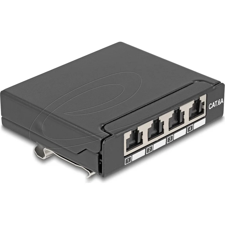Delock Patch Panel mini, CAT 6a, abgeschirmt, RJ-45 X 4, schwarz, DIN schienenmontierbar, für Wandmontage und Desktop