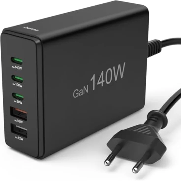 Hama Ladestation 5 Ports, GaN Schnellladegerät mit 3xUSB-C und 2xUSB-A, PD, 140 W, schwarz – Bild 3