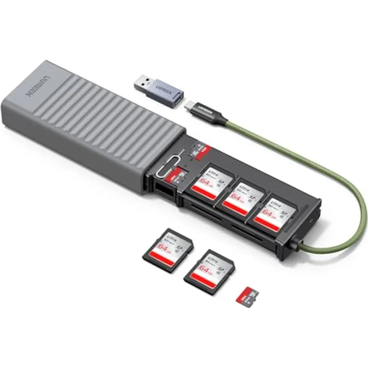 UGREEN Kartenleser mit USB-C und USB-A, DUALER KARTENBETRIEB für SD/TF, inkl. Speicherbox für 6x SD, 4x TF und 1x SIM, kompatibel mit iPhone 17 Serie, iPad und Laptop