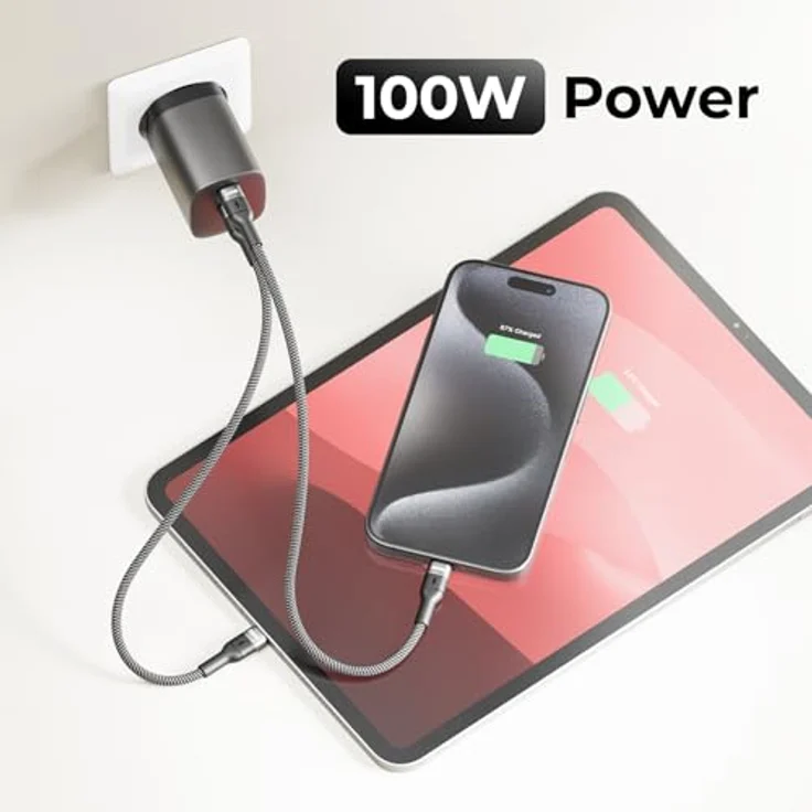 deleyCON 1,5m USB C Kabel, 100W Schnellladekabel PD 3.0 PPS für iPhone 17 16 15 Pro Max, Samsung Galaxy S25 S24 S23, iPad Pro, MacBook, hohe Datenübertragung bis 480 Mbit/s, geflochtene Baumwolle-Nylon-Ummantelung – Bild 7