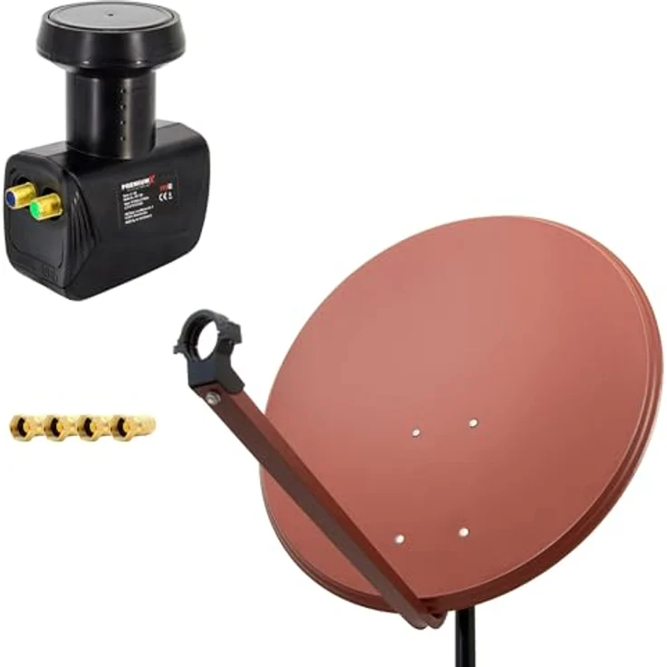Premium X Satelliten-Komplettanlage PXA80, 80cm ALU Satellitenschüssel in Ziegelrot mit Twin LNB, für bis zu 2 Teilnehmer, inkl. 4 F-Steckern, hochsignalstabil, DVB-S/S2 – Bild 1