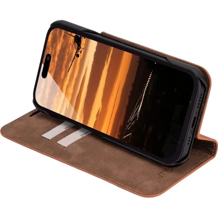 JT Berlin Echtleder BookCase Tegel für Apple iPhone 17, Smartphone Hülle mit Kartenfach, cognac Braun – Bild 4