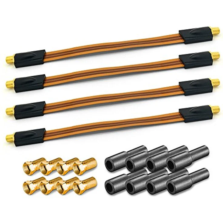 ARLI HD Fensterdurchführung Sat Kabel 4 x Flachkabel UltraSlim vergoldet + 8 F-Stecker 8x Gummitülle Koaxialkabel extrem flach F Stecker Gummitülle 4K 4 Stück, wasserdicht und UV-beständig – Bild 1