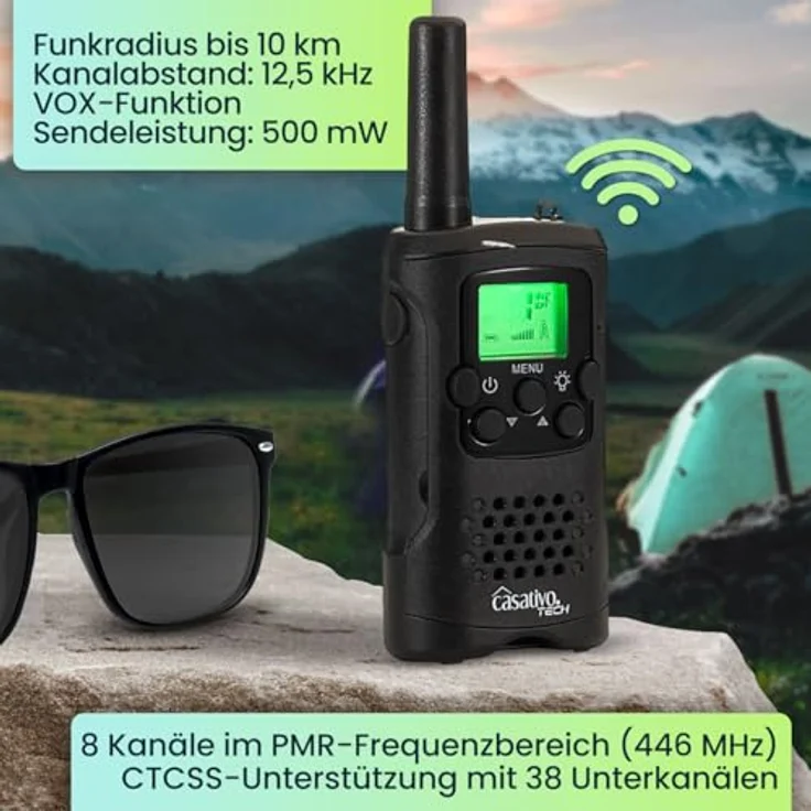 Casativo 2er-Set PMR-Funkgeräte, Walkie Talkie mit VOX und Taschenlampe, 10 km Reichweite, 8 Kanäle, für Abenteuer, Camping und Wandern – Bild 2