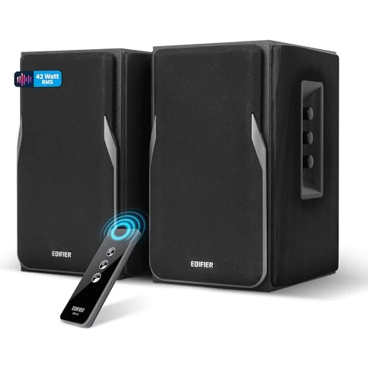 Edifier Studio R1380T, 2.0 Regallautsprecher-System mit 42 Watt, Echtholzgehäuse (MDF), Schwarz, mit Infrarot-Fernbedienung und zwei LINE IN Anschlüssen – Bild 1