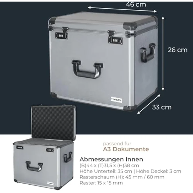 HMF 14412-02 Alu Fotokoffer, Miniaturenkoffer mit Rasterschaumstoff, abschließbar, 46 x 33 x 26 cm – Bild 5