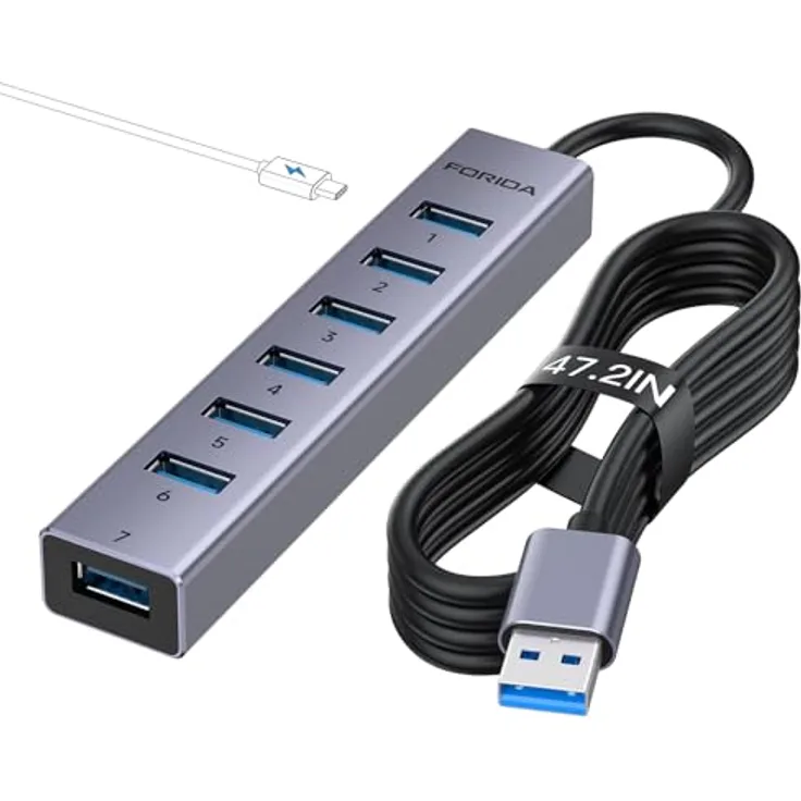 FORIDA 8-Port USB Multiport Hub mit 7 USB 3.0 Anschlüssen und 5Gbps, Langkabel Adapter mit 5V/3A Type-C Port, Aluminium, Grau