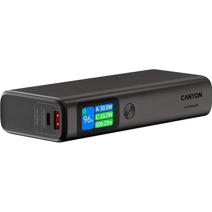 Canyon OnPower 230 TFT, Powerbank 20.000 mAh mit 130 W, LCD-Display, 3 Anschlüsse, Dunkelgrau