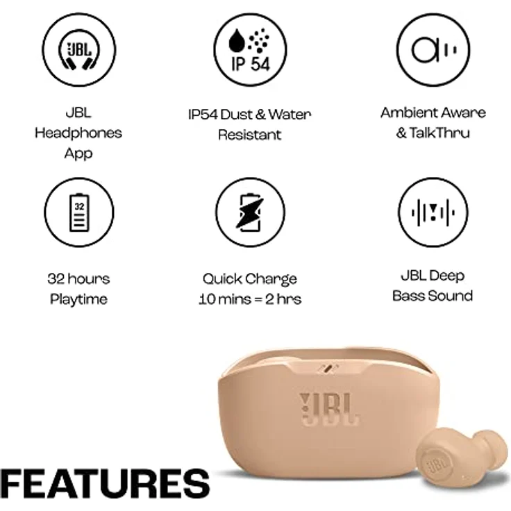 JBL Wave Buds, Bluetooth In-Ear Headsets mit JBL Deep Bass, 32 Stunden Akkulaufzeit, beige – Bild 2