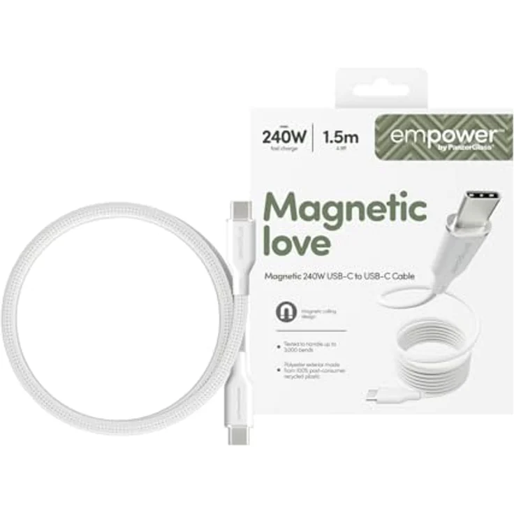 empower by PanzerGlass Magnetic USB-C zu USB-C Kabel 240W, 1,5 m, geflochtenes Design, schnell (recycelter Kunststoff) – Bild 2