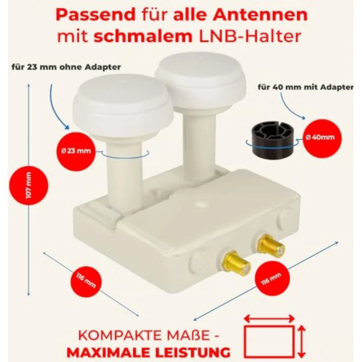 Premium X Monoblock Twin PXMB-6TW LNB WE, 0,1dB für Astra 19,2° und Hotbird 13°, HDTV, FullHD, 3D und Ultra HD 4K, geeignet für 2 Teilnehmer – Bild 5