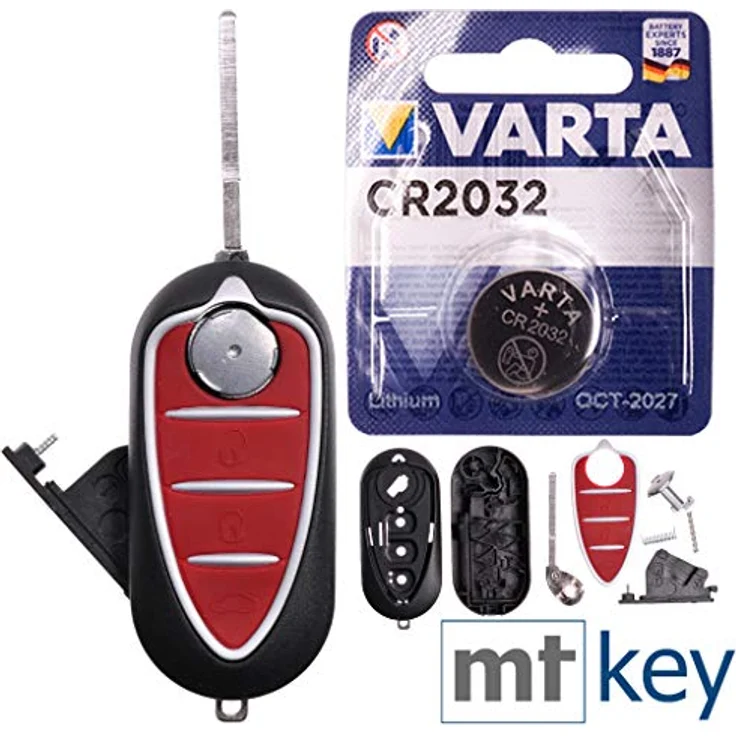 mt-key Auto Klapp Schlüssel Ersatz Gehäuse für Alfa Romeo Mito 2008-2013, 3 Tasten, inkl. VARTA CR2032 Batterie und Rohling – Bild 1