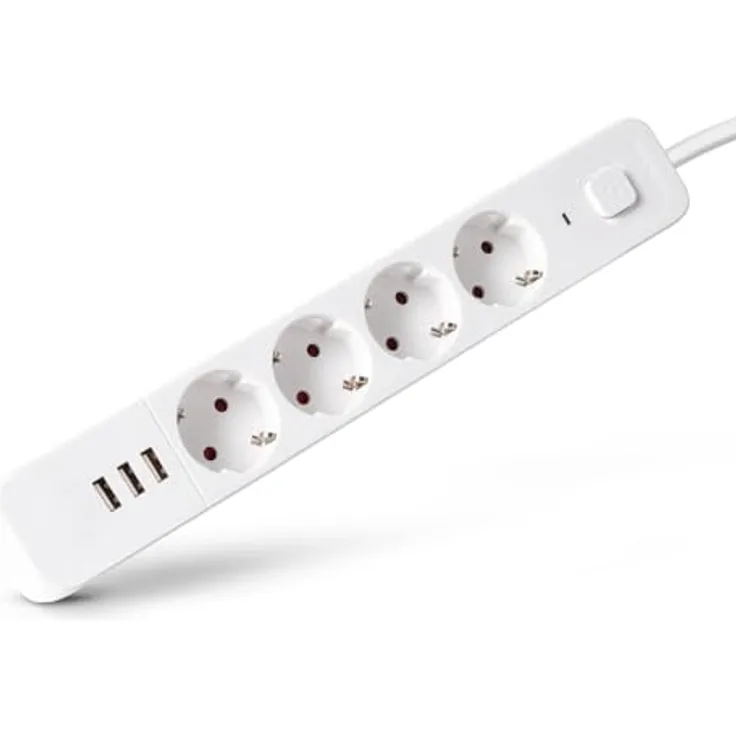 Entac Steckdosenleiste 4-Fach mit 3x USB-A Anschlüssen, 1,5m Kabel, Weiß für Zuhause und Büro