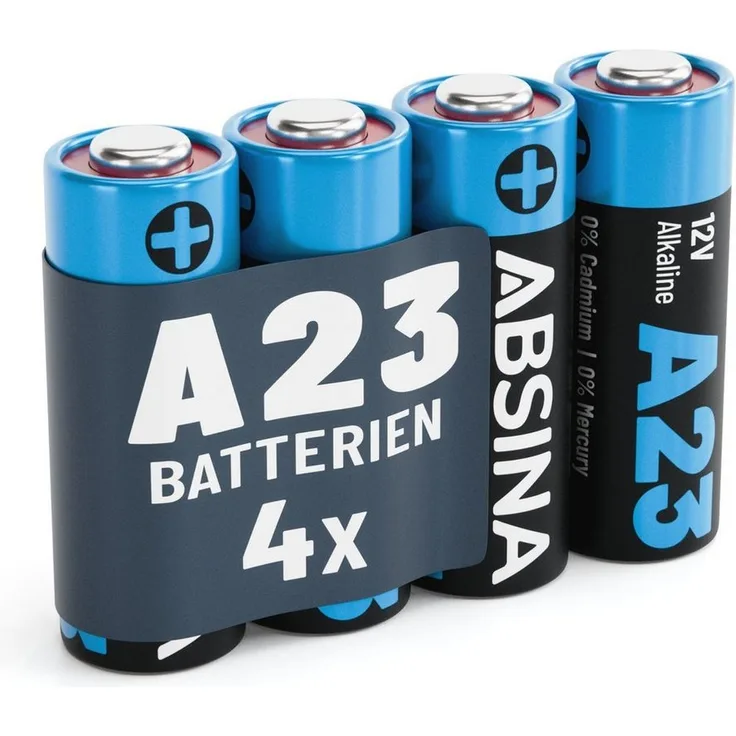ABSINA ABSINA Batterie A23 Alkaline 12V 4er Pack Batterie, (1 St) mit hoher Kapazität und Temperaturfestigkeit, ideal für Garagentoröffner, Fernbedienungen und mehr