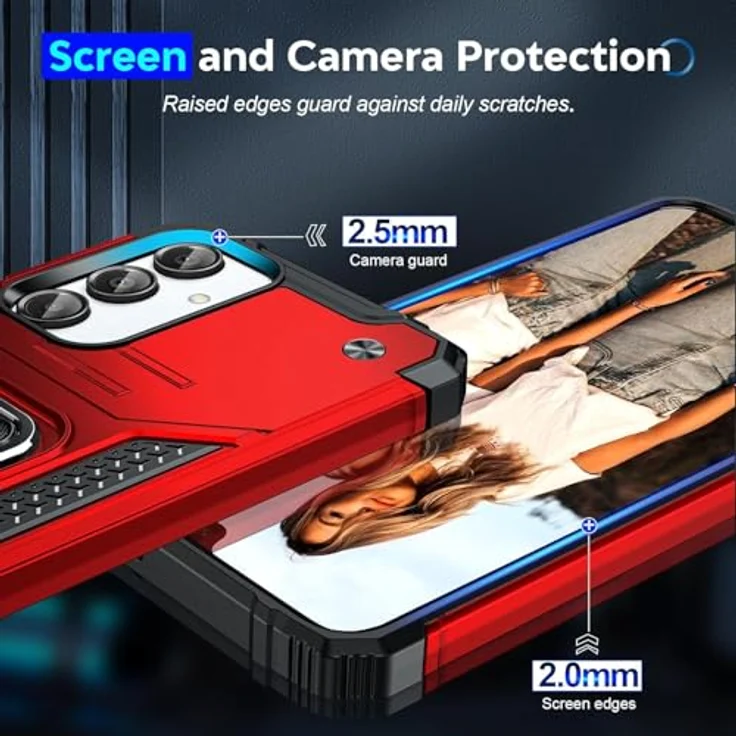LeYi Handyhülle für Samsung Galaxy A16, Militärischer Ständer mit 360° Metall Ring Halter, inkl. 2 Schutzfolien & 2 Kamerafolien, stoßfestes Hardcase in Rot – Bild 4