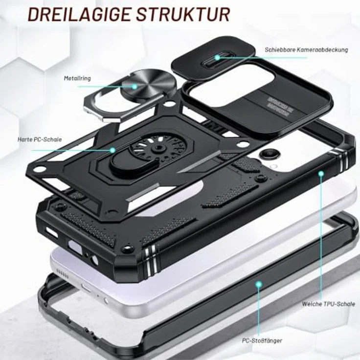 LeYi Handyhülle für Samsung Galaxy A14 5G, Stoßfestes Hardcase mit 2 Schutzfolien, 360 Grad Ständer und Kameraschutz, Schwarz – Bild 3