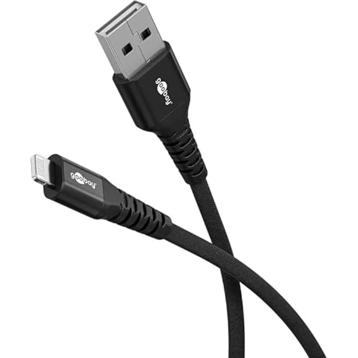 goobay Lightning auf USB-A 60W, 2m flexibles Textilkabel mit 480 Mbit/s, schnelles Laden für Apple Geräte, schwarz – Bild 1