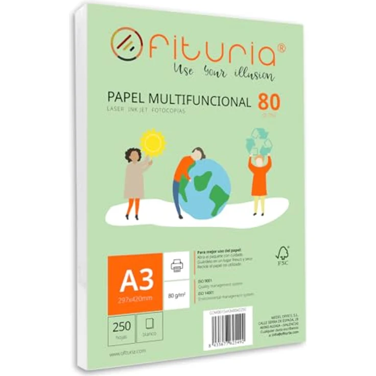 OFITURIA Multifunktionales Kopierpapier, Packung mit 250 weißen DIN A3 Blättern, 80g, FSC-zertifiziert, ideal für Laser- und Tintenstrahldrucker – Bild 1