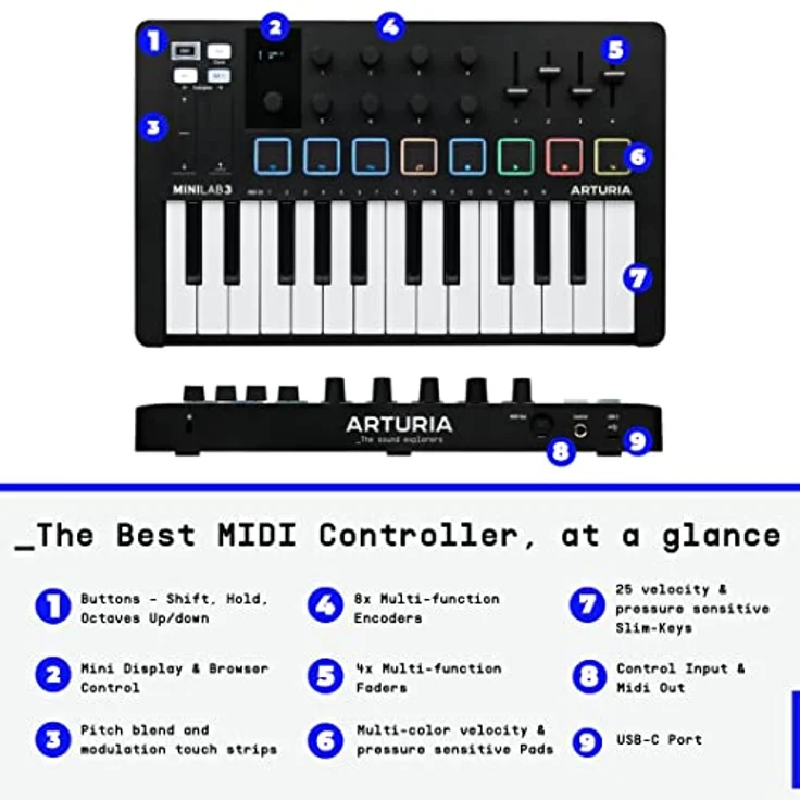 Arturia - MiniLab 3 - Universal-MIDI-Controller für Musikproduktion, mit All-in-One-Softwarepaket - 25 Tasten, 8 Multicolor-Pads - Schwarz – Bild 3