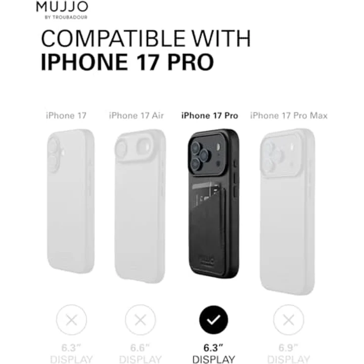 Mujjo Wallet Leather Case für iPhone 17 Pro - Velore-Leder, MagSafe-kompatibel, Kartenfach für 2-3 Karten, schwarz – Bild 5