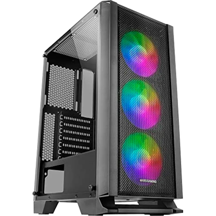 Mars Gaming MC-C Schwarz, ATX PC Gehäuse, Metall-Mesh Frontplatte, Gehärtetes Glas, 3 Frontlüfter FRGB 120mm