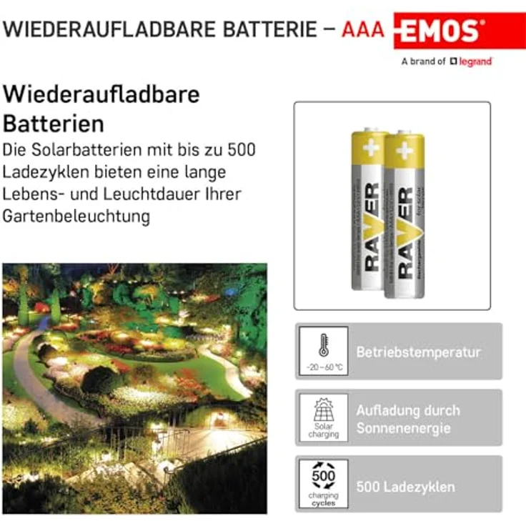 EMOS Raver - Solar AAA Micro Akkus, aufladbare Batterien für Solarlampen, NiMH, 1,2V, HR03, 400 mAh, -20 °C bis +50 °C, min. 500 Ladezyklen, 2er Pack – Bild 5