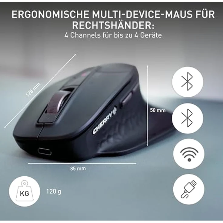 CHERRY Stream Mouse Ultimate, Ergonomische Multi-Device-Maus für bis zu 4 Geräte, Bluetooth, 2,4 GHz & Kabel, Anpassbares Scrollrad, für Rechtshänder, schwarz – Bild 2