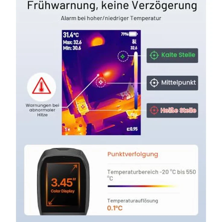 VEVOR Wärmebildkamera TISR, Superauflösung 512 x 384, 2MP visuelle Kamera, -20 °C bis 550 °C, 4 Bildmodi, 7 Farbpaletten, 5000-mAh-Akku, 32 GB Speicher – Bild 4