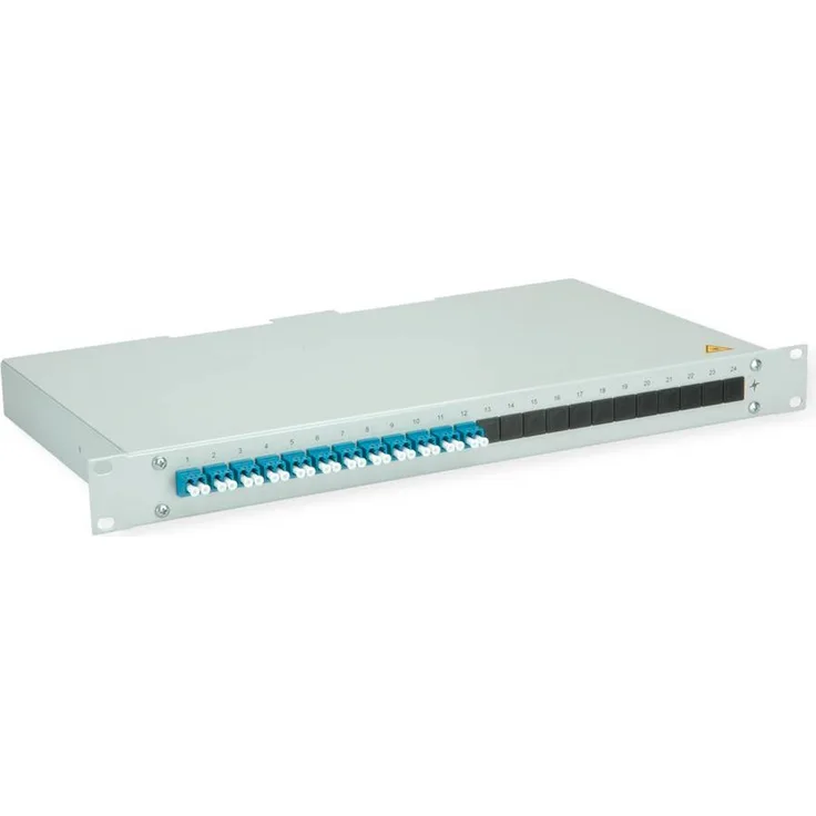 Telegärtner BASIS LWL-Panel, 1HE Rangierverteiler mit 12x LC Duplex Kupplungen, blau, OS2 PC, Grade C