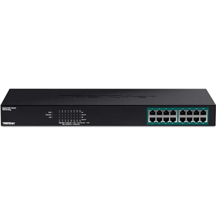TRENDnet 16-Port-Gigabit-PoE + -Switch, 16 x Gigabit-PoE + -Ports, TPE-TG160g, 246 W PoE-Leistungsbudget, 32-Gbit - s-Switching-Kapazität, Desktop-Switch, Ethernet-Netzwerk-Switch, Metall – Bild 4