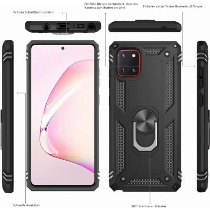 LeYi Hülle für Samsung Galaxy Note 10 Lite/A81, 360 Grad Ring Halter mit Panzerglas Schutzfolie, Schwarz, Stoßdämpfende Bumper Schutzhülle – Bild 3