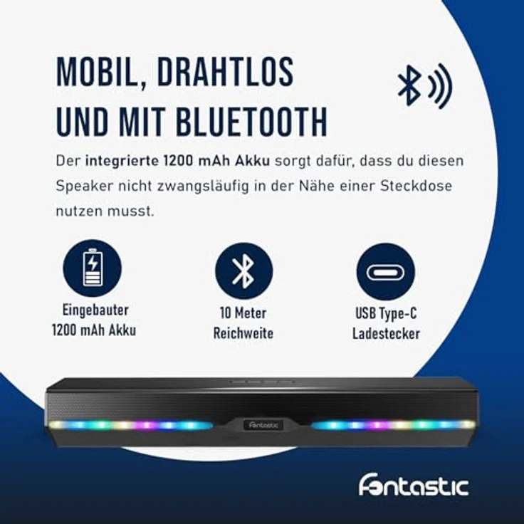 fontastic Juna - Drahtlose Soundbar 2 x 5 Watt TWS BT5.3 inklusive Mikrofon - RGB LED-Beleuchtung – Bild 7