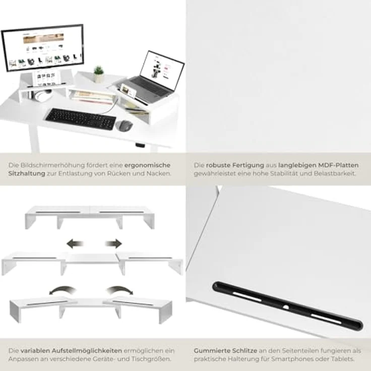 tectake® Monitorständer weiß, Ergonomische Bildschirmerhöhung mit flexibler Anpassung und zusaätzlichem Stauraum – Bild 4
