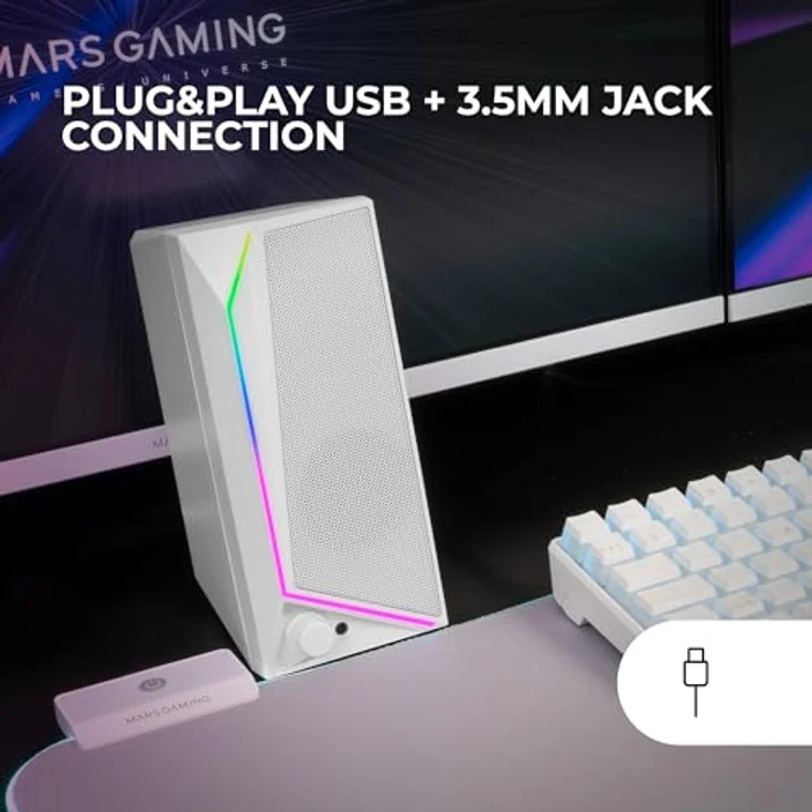 Mars Gaming MS72, Gaming-Lautsprecher 15W, RGB Flow Beleuchtung, 2 Aktive Treiber, Plug&Play USB- und 3,5mm-Klinkenanschluss, Lautstärkeregler, Audioanschluss für Kopfhörer, Weiß – Bild 4