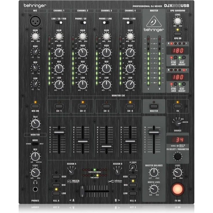 Behringer DJX 900 USB, 5-Kanal DJ Controller mit integrierten USB-Audio-Interface und 3-Band-Kill-EQs