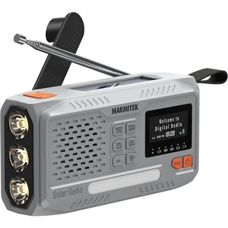 Marmitek RESQ 100, Kompaktes Kurbelradio mit DAB+/FM, Bluetooth, Solar- und Dynamo-Ladefunktion, Grau