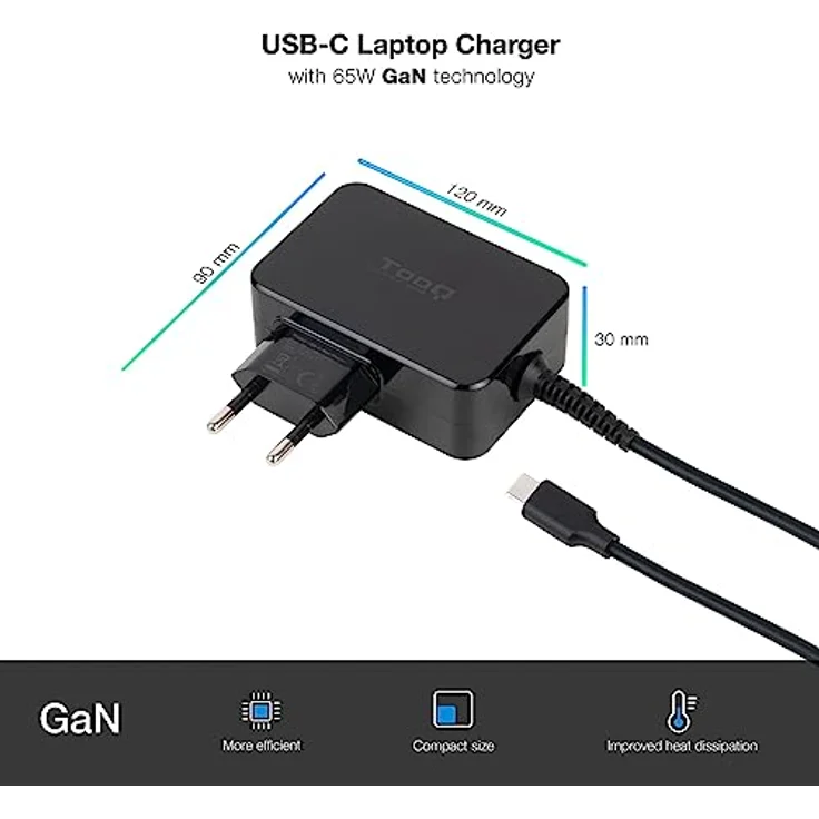 Tooq Technology Cargador Portatil Gan USB-C PD 65W, USB Ladegerät für Laptops, Schwarz – Bild 2