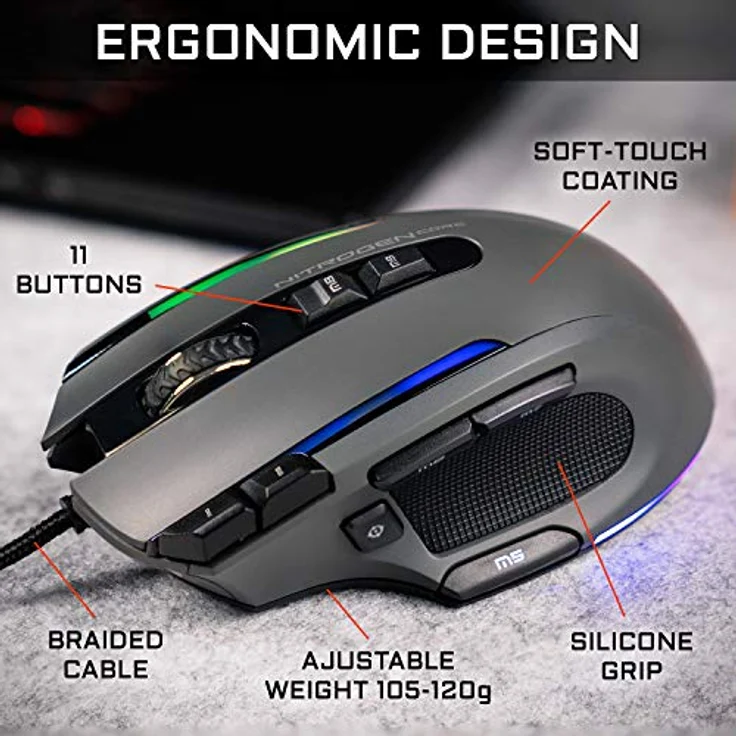 THE G-LAB Kult NITROGEN CORE Hochleistungs-Kabel-Gaming-Maus - Avago 10.000 DPI-Optischsensor, RGB, Anpassbares Gewicht, 11 Extrem Programmierbare Tasten, Ultraleicht – Kompatibel mit PC/PS5/Xbox One – Bild 4
