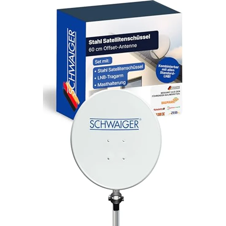 SCHWAIGER Satellitenschüssel Ø 55 cm, wetterfeste Offset Antenne in hellgrau mit LNB Tragarm & Masthalterung, Multifeed geeignet, maximale Empfangsleistung 35,2 dB – Bild 1