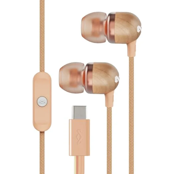 Marley House of Smile Jamaica USB-C Kopfhörer, kabelgebunden mit 9,2-mm-Treiber, verwicklungsfrei, integriertes Mikrofon, nachhaltige In-Ear-Kopfhörer, Copper