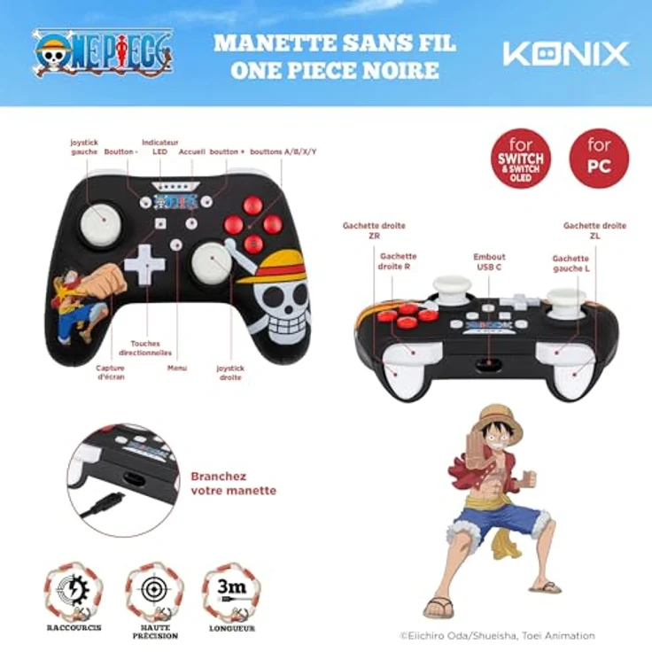 Konix One Piece Wired Controller für Nintendo Switch, OLED Switch und PC - Vibrationsfunktion - 3 m Kabel - Luffy-Motiv - Schwarz – Bild 5