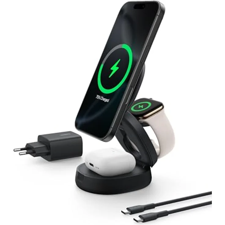 Belkin MagSafe Ladegerät 3-in-1 Ladestation, kabellos 15-W für iPhone 16, Apple Watch und AirPods, Qi2-zertifiziert, klappbar, inkl. 36-W-Netzteil – Schwarz – Bild 1