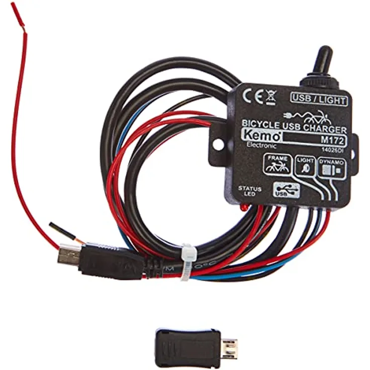 Kemo M172 Fahrrad Laderegler USB (Mini B). Betrieb von Navigationsgeräten, PDA's, MP3-Playern. Eingangsspannung 6 V/AC. Mit LED-Anzeige. Eingebauter Umschalter