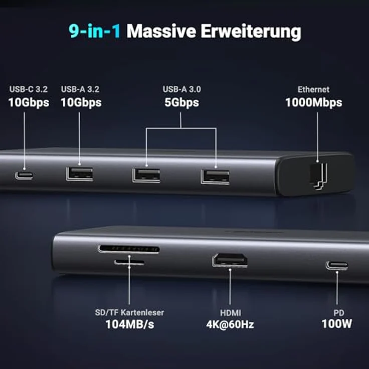 UGREEN Revodok Pro 109, USB C Hub 10Gbps Docking Station mit 9 Anschlüssen, HDMI 4K@60Hz, 100W Power Delivery, Ethernet, SD/Micro SD Kartenleser – Bild 2