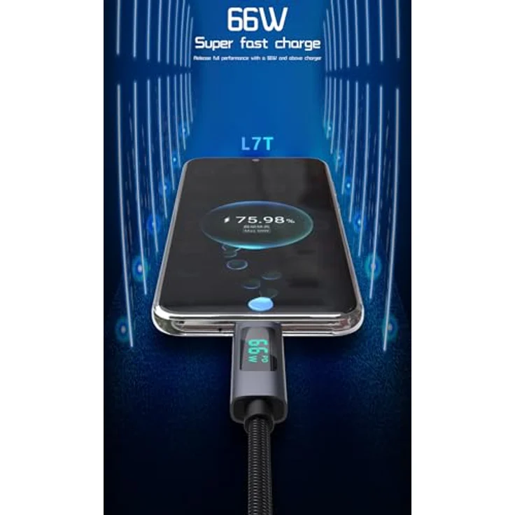 DUDAO L7T USB-A auf USB-C Kabel, 66 W mit LED-Display, 1 m, Schwarz, schnelles Aufladen und Datenübertragung, kompatibel mit iPhone, Samsung, Huawei, Xiaomi – Bild 2