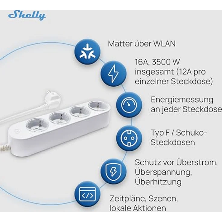 Shelly Power Strip 4 Gen4 Weiß, Smarte Mehrfachsteckdose mit 4 Schuko-Steckdosen, Leistungsmessung, Matter & WLAN, Zigbee, Google, Alexa, Keine Hub erforderlich, 3500W, Zeitschaltuhr – Bild 5